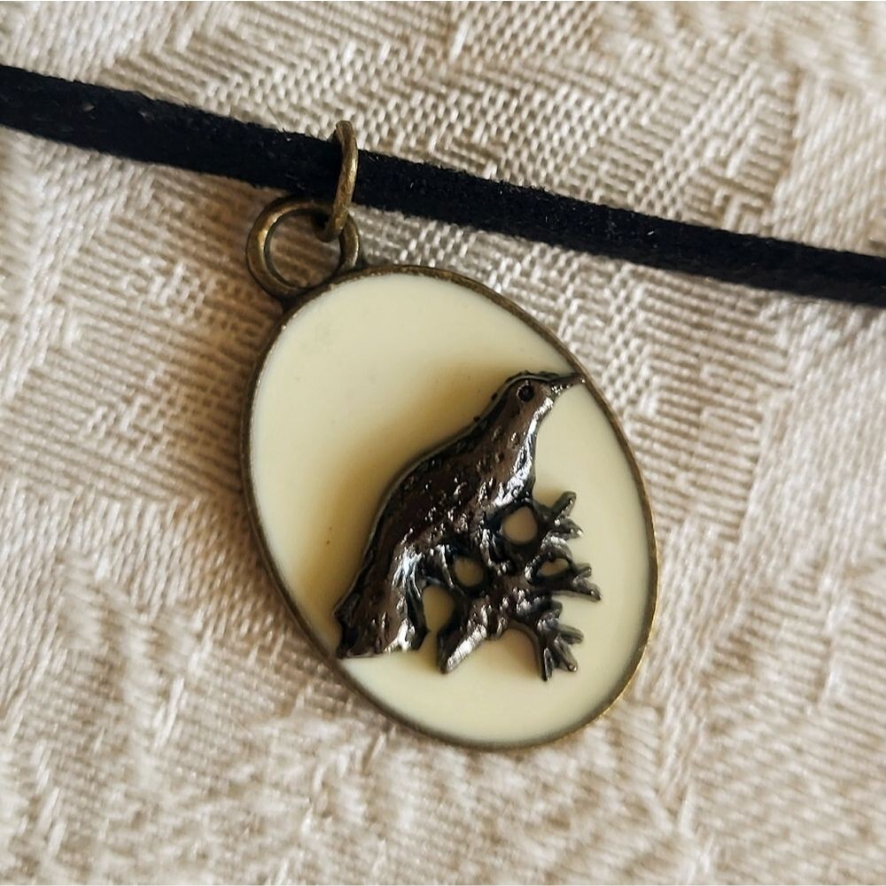 Gothic Crow Cameo Choker Necklace Black Faux Suede Cord